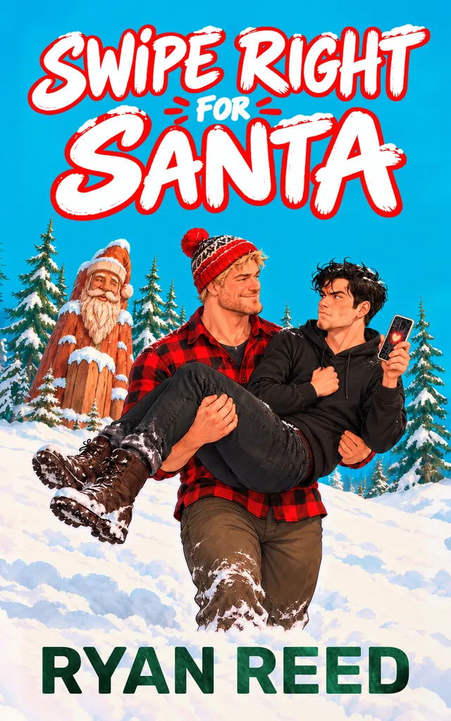 Swipe Right for Santa cover: a flannel-clad man carries a scowling man in a hoodie through the snow past a giant wooden Santa